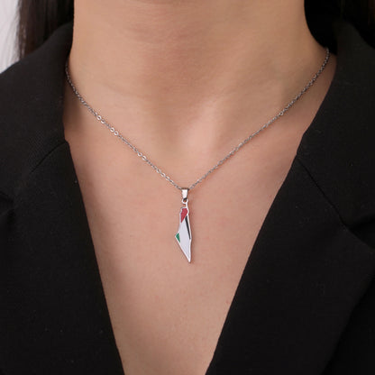 Voici à quoi ressemble le Collier Palestine | Drapeau et Carte argent une fois porté