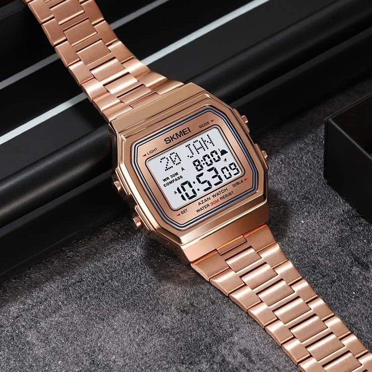 La montre adhan indique la date, l'heure, la température, la quibla, diffuse l'appel à la prière et bien plus